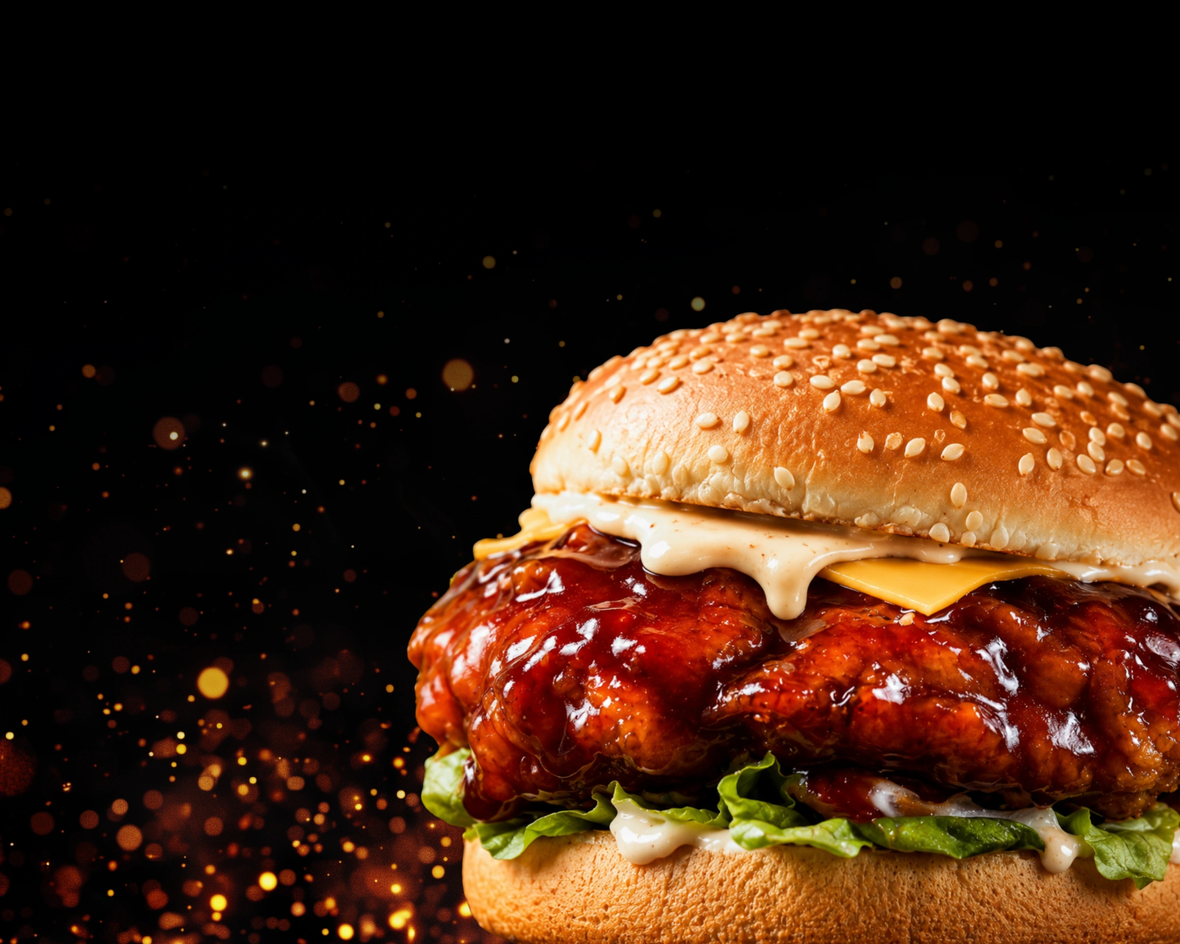 Wingdom’s supplied campaign artwork of its fried chicken burger against a dark background with orange sparks