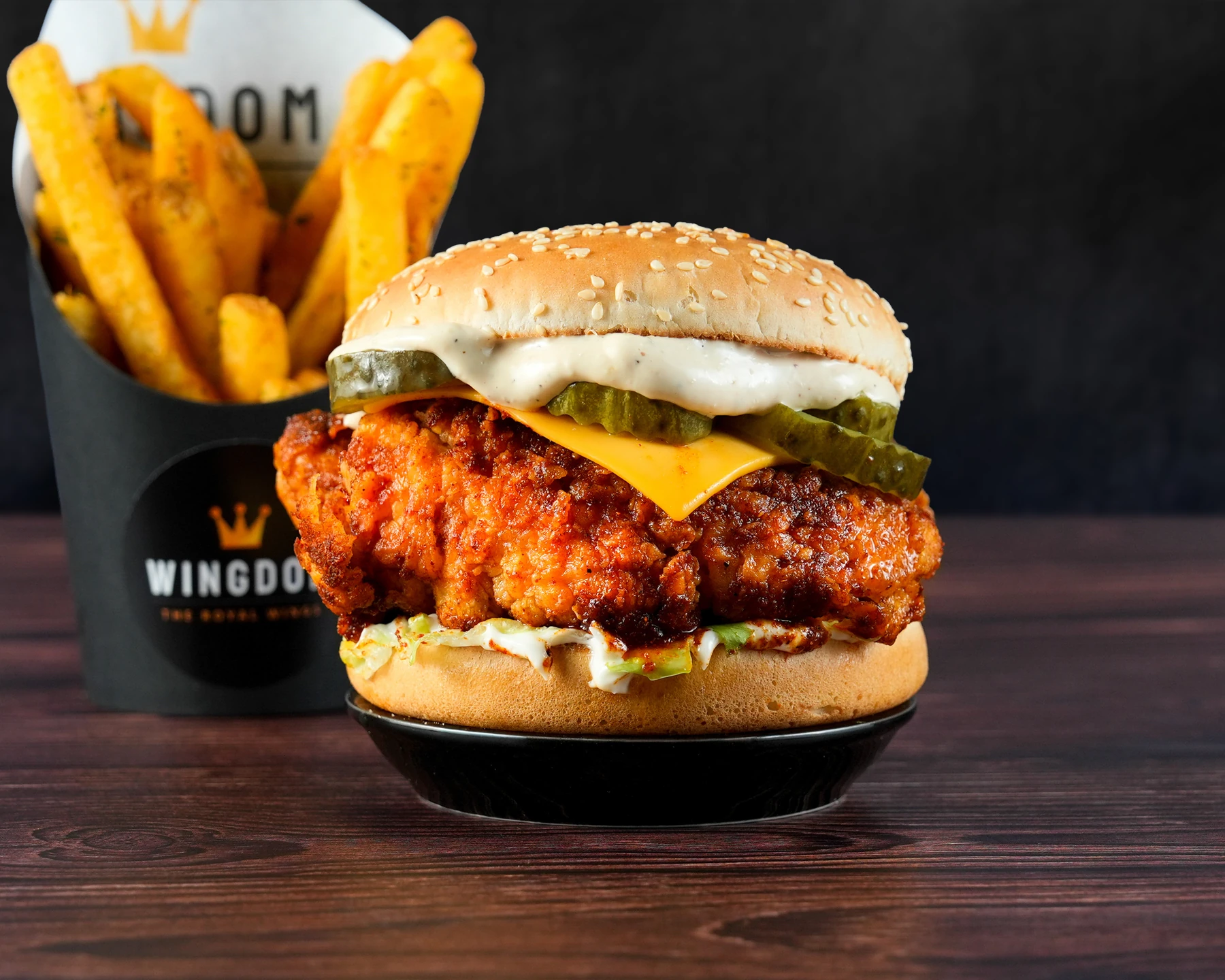 Wingdom Nashville Hot chicken burger with fries